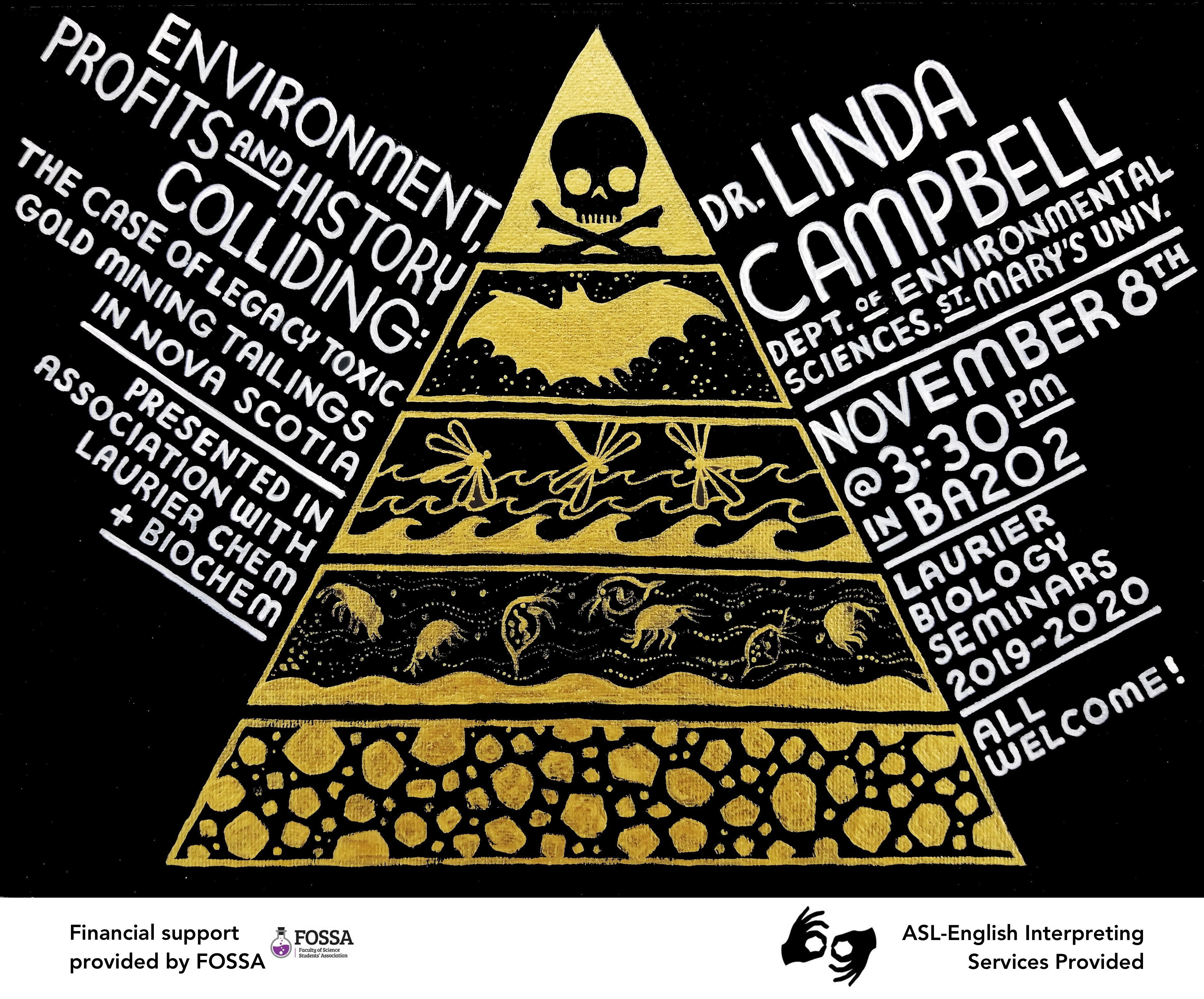 Painting of a yellow triangle with different layers showing components of DEEHR research on black background.