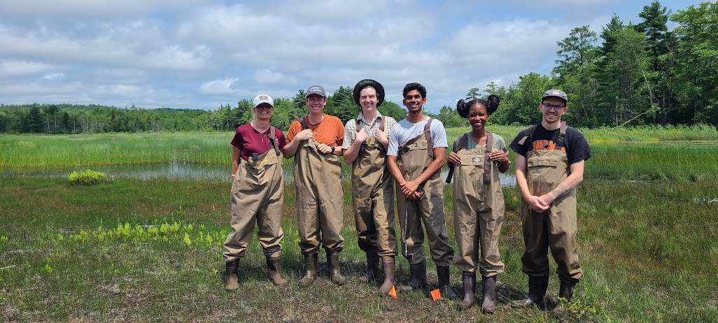 A group of smiling scientists wearing waders standing in a wetland.