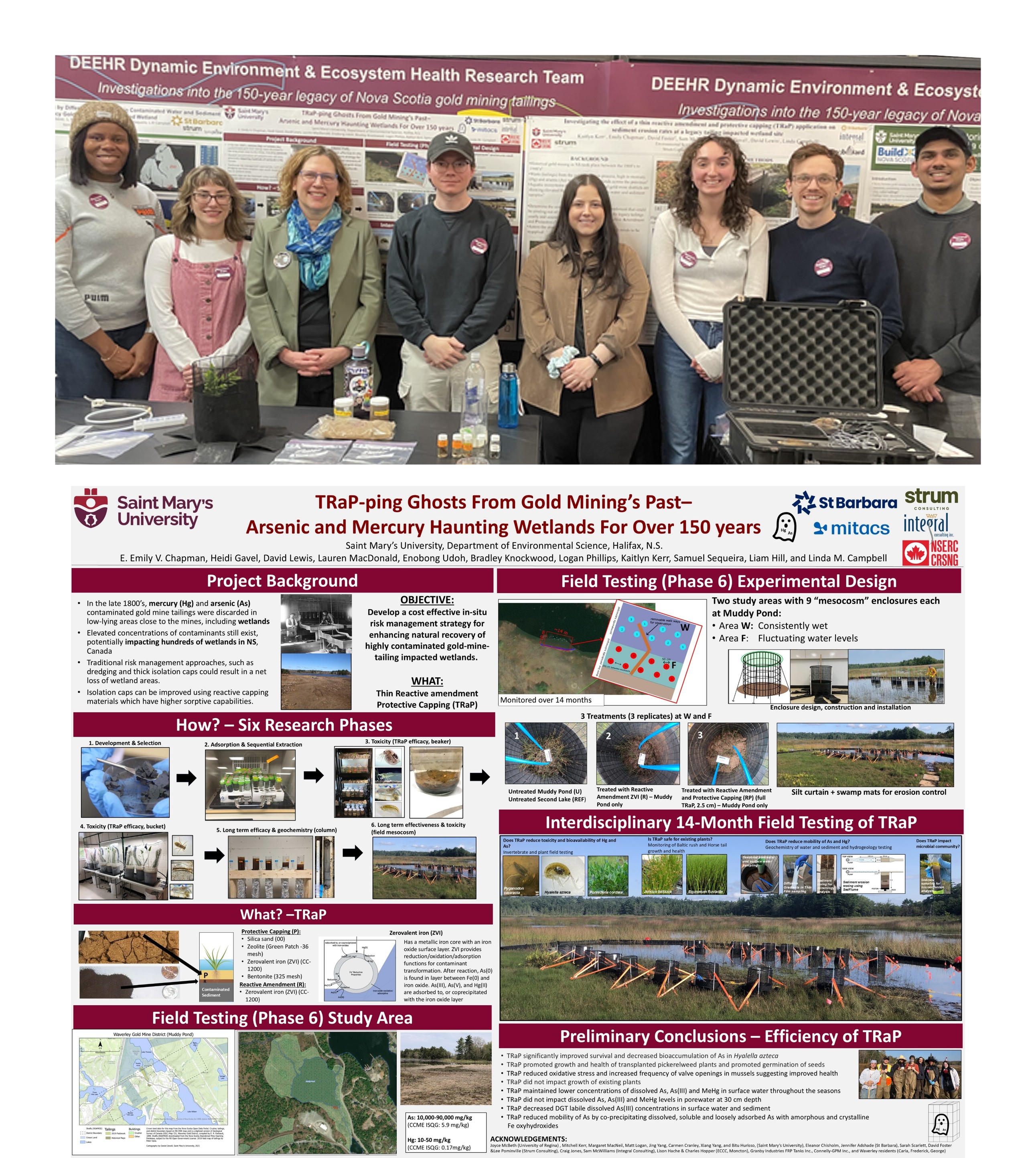 Two panels. Top shows a group of smiling people lined up in front of posters.  Bottom panel shows the research expo poster, which is linked in text.