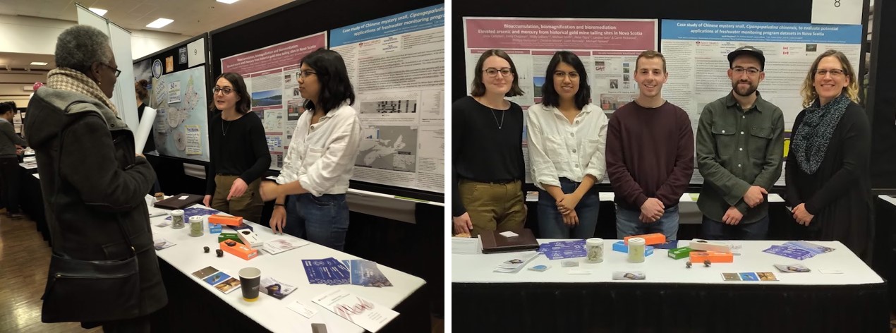Two photographs showing the DEEHR team interacting at the SMU Research expo with two posters on legacy gold mine tailing contmainants and Chinese mystery snails