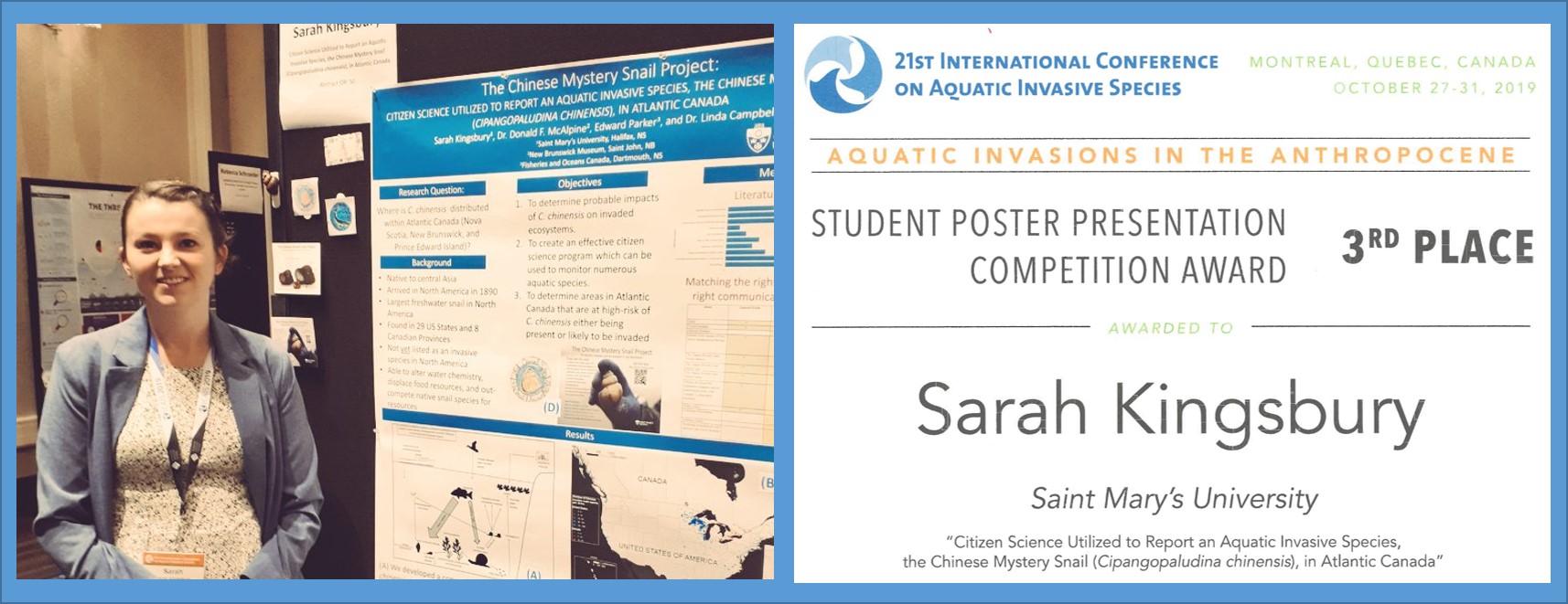 Two panel image, one with Sarah standing beside her ICAIS poster, next showing her 3rd place award certificate.
