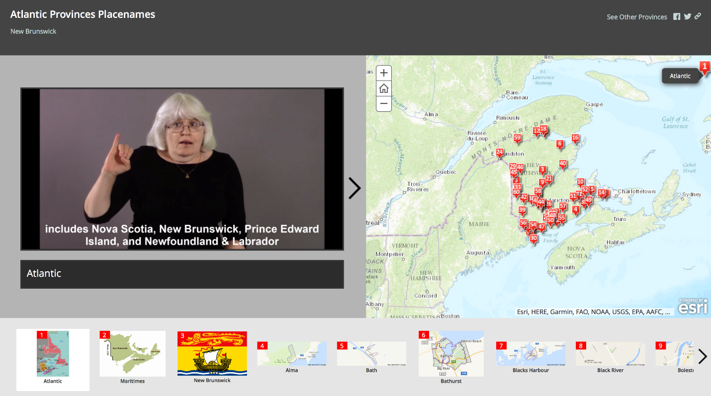 Screen capture of the Atlantic Provinces Place Name Sign Language map