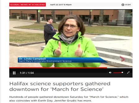 Screen Capture of Global TV segment on March for Science, with Dr. Linda Campbell