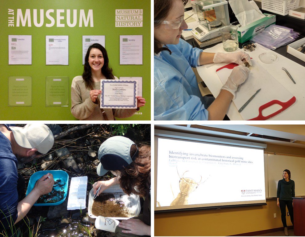 4-photo array showing Molly LeBlanc holding up an award, doing lab & field work and giving a talk.