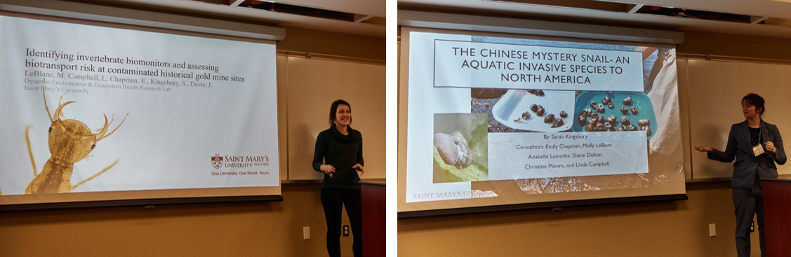 Side-by-side photos of Molly Leblanc and Sarah Kingsbury presenting their work on aquatic invertebrates and snails respectively.