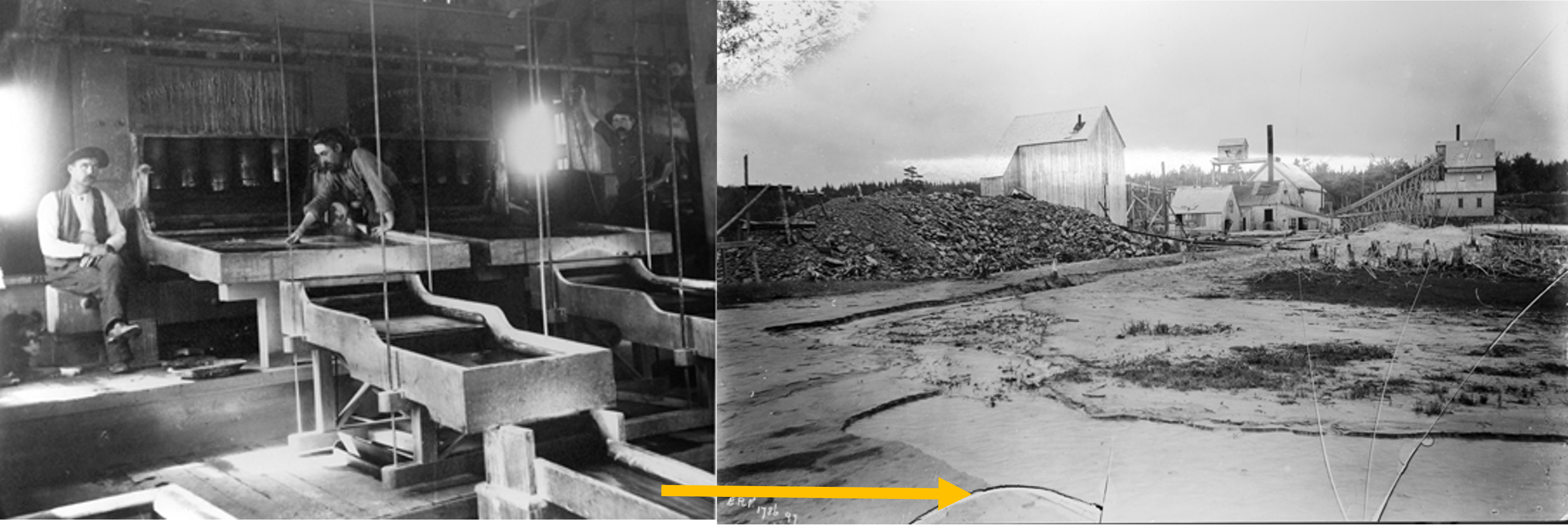 Two historical photos.  One shows the interior of a stamp mill / amalgamation processing from 1860's.  Other shows the exterior of ore processing centers showing how tailings moved downstream.
