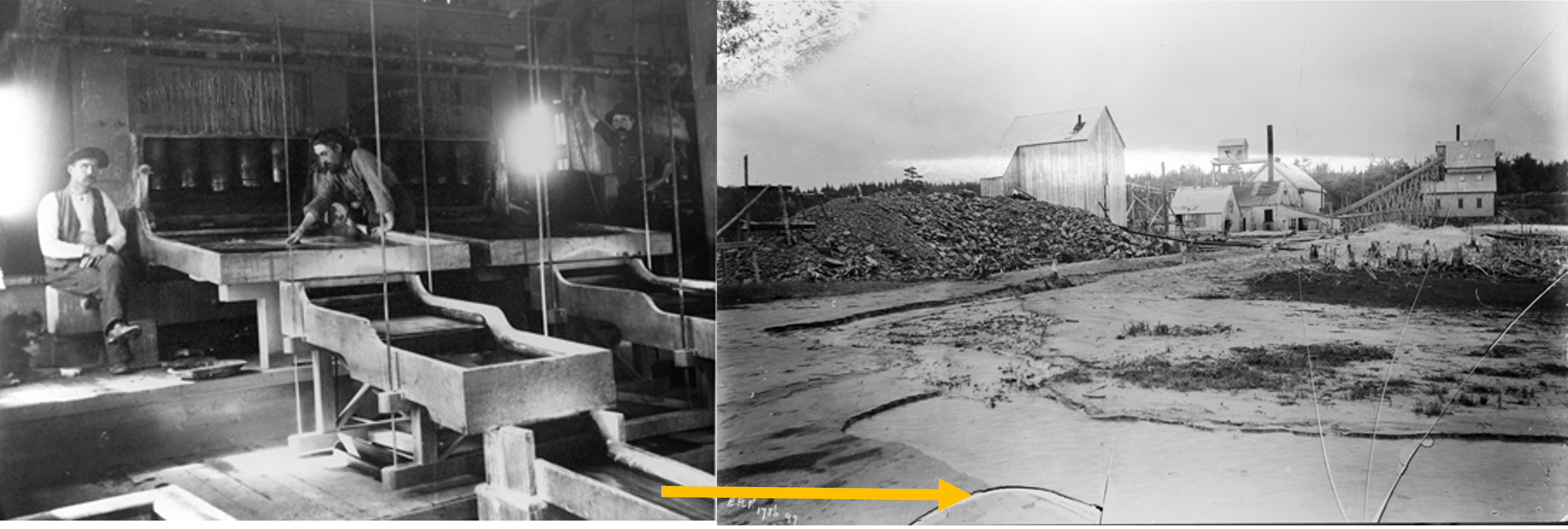 Two historical photos. One shows the interior of a stamp mill / amalgamation processing from 1860's. Other shows the exterior of ore processing centers showing how tailings moved downstream.