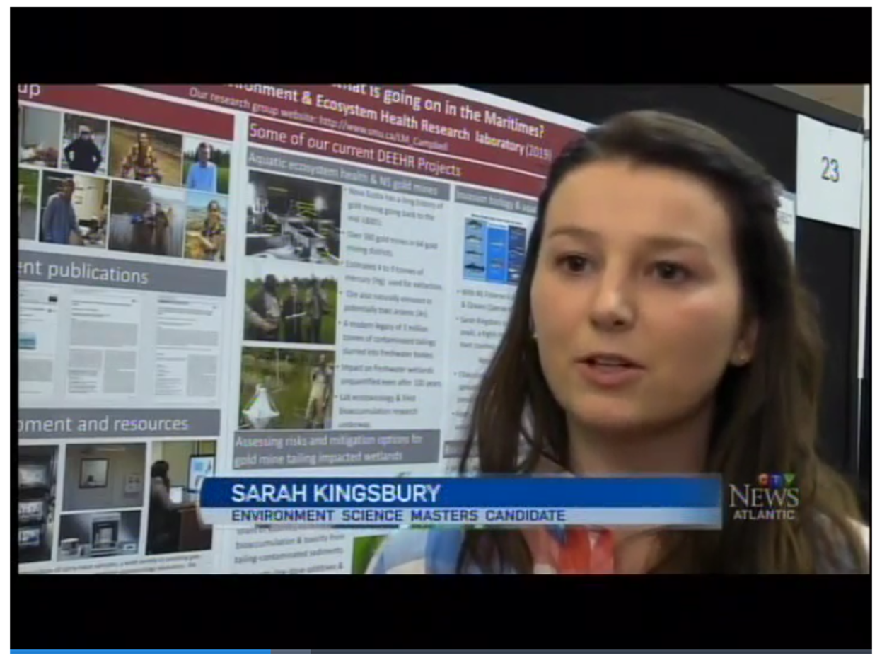 Screen Capture of Sarah Kingsbury beside the DEEHR poster at the SMU Research Expo 2019 with the CTV Atlantic logo